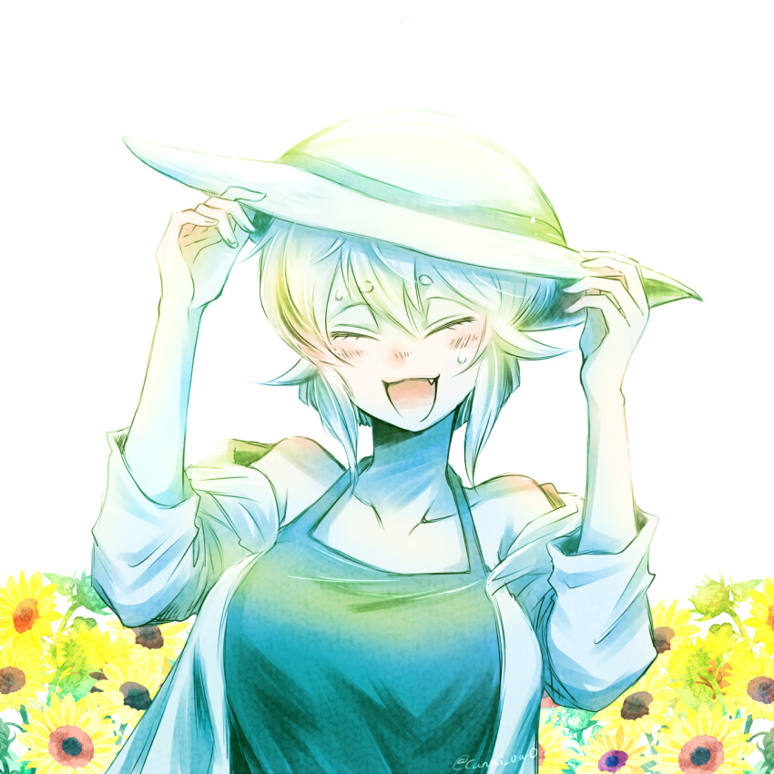 :d, bare_shoulders, blonde_hair, blush, breasts, fang, field, flower