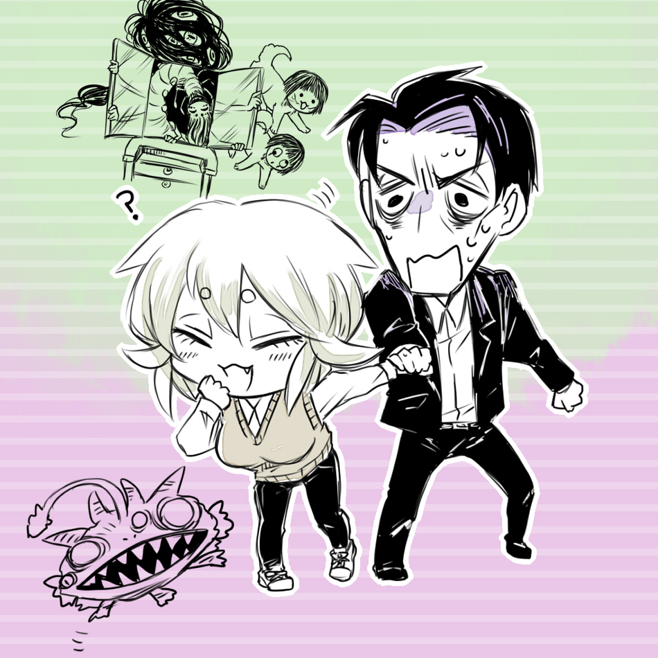 1boy, 1girl, :3, anglerfish, animal_with_human_head, asama_hirotaka, black_hair, body_horror