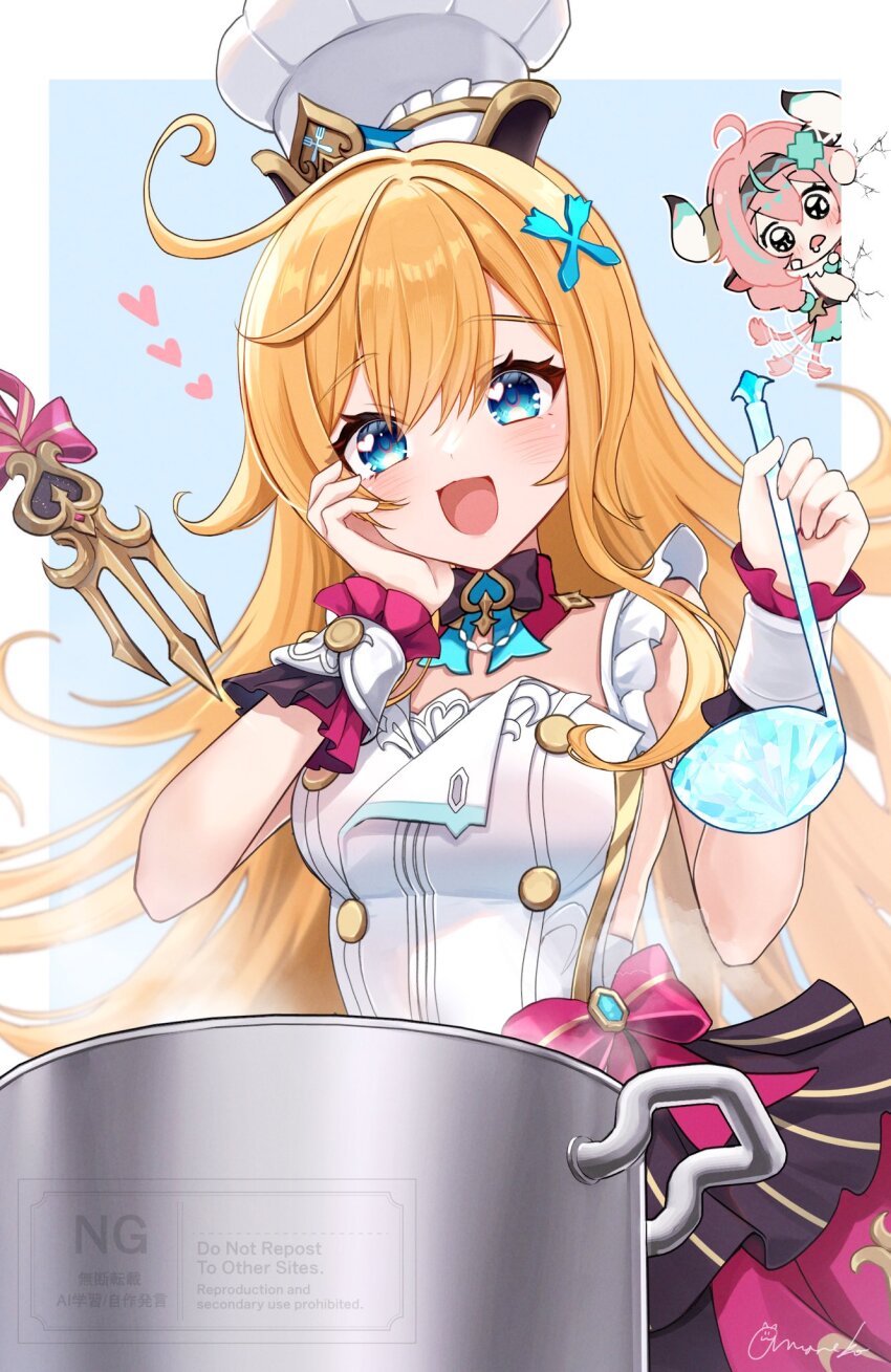 2girls, :d, ahoge, amaneko_(amaneko_y), animal_ears, apron, aqua_hair, black_bow, black_bowtie, black_headband, blonde_hair, blue_eyes, blue_gem, blush, bow, bowtie, breasts, buttons, chibi, commentary_request, cooking_pot, cow_ears, cow_girl, cow_horns, cow_tail, crack, double-breasted, drooling, escoffier_(genshin_impact), gem, genshin_impact, hair_between_eyes, hand_on_own_face, hat, headband, heart, heart_in_eye, highres, holding, holding_ladle, horns, ladle, long_hair, looking_at_viewer, medium_breasts, mouth_drool, multicolored_hair, multiple_girls, open_mouth, pink_hair, red_bow, smile, solo_focus, stock_pot, streaked_hair, symbol_in_eye, tail, tail_wagging, triangle_mouth, varesa_(genshin_impact), very_long_hair, white_apron, white_hat, white_wrist_cuffs, wrist_cuffs