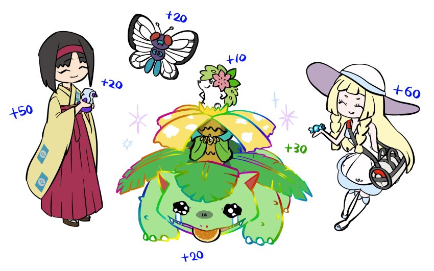 2girls, alternate_color, arm_behind_back, bag, black_hair, blonde_hair, blunt_bangs, braid, butterfree, closed_eyes, closed_mouth, crying, crying_with_eyes_open, dress, duffel_bag, erika_(pokemon), gen_1_pokemon, gen_4_pokemon, giving, hakama, hakama_skirt, hat, highres, japanese_clothes, kimono, legendary_pokemon, lillie_(pokemon), long_hair, long_sleeves, meruru_gu, multiple_girls, mythical_pokemon, nintendo, okobo, parted_bangs, platform_sandals, pokemon, pokemon_firered_and_leafgreen, pokemon_sun_and_moon, pokemon_tcg, pokemon_tcg_pocket, potion_(pokemon), rare_candy, red_skirt, sandals, shaymin, shaymin_(land), shiny_pokemon, short_hair, skirt, sleeveless, sleeveless_dress, smile, socks, sparkle, sun_hat, tears, tongue, tongue_out, twin_braids, venusaur, white_background, white_dress, white_socks, yellow_kimono