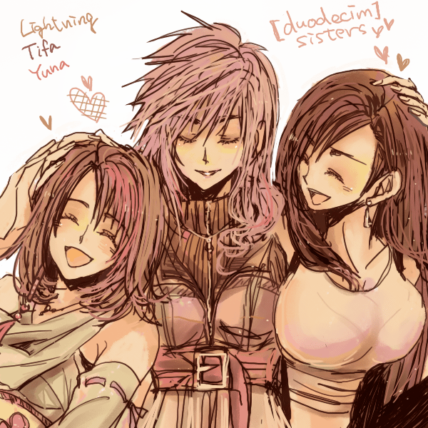 00s, 10s, 1990s_(style), 3girls, breasts, brown_hair, closed_eyes, dissidia_012_final_fantasy, dissidia_final_fantasy, earrings, final_fantasy, final_fantasy_vii, final_fantasy_x, final_fantasy_xiii, heart, in-franchise_crossover, jewelry, large_breasts, lightning_farron, long_hair, multiple_girls, open_mouth, pink_hair, retro_artstyle, short_hair, tifa_lockhart, yadoso, yuna, yuna_(ff10)