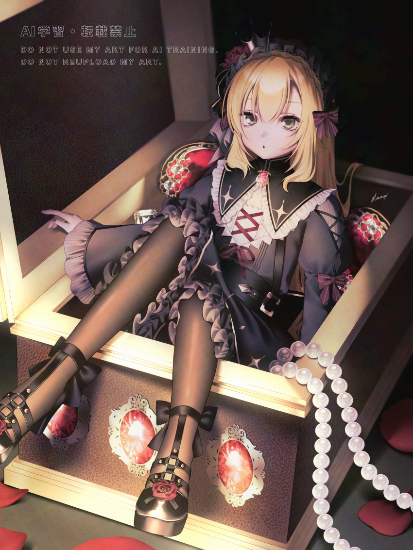 1boy, absurdres, black_dress, black_hairband, black_pantyhose, black_shoes, blonde_hair, bow, brooch, crossdressing, crossdressing_(mtf), crown, dark, dazz_(dazz_gp3yd), dress, flower, frilled_dress, frilled_hairband, frilled_sleeves, frills, full_body, gem, gothic_lolita, green_eyes, hairband, highres, in_container, jewelry, juliet_sleeves, lolita_fashion, long_hair, long_sleeves, looking_at_viewer, male_focus, necklace, nijisanji, official_alternate_costume, pantyhose, pearl_necklace, petticoat, puffy_sleeves, red_flower, red_gem, red_rose, rose, shoes, solo, strappy_heels, trap, unworn_jewelry, unworn_necklace, uzuki_kou, uzuki_kou_(4th_costume), virtual_youtuber, watermark