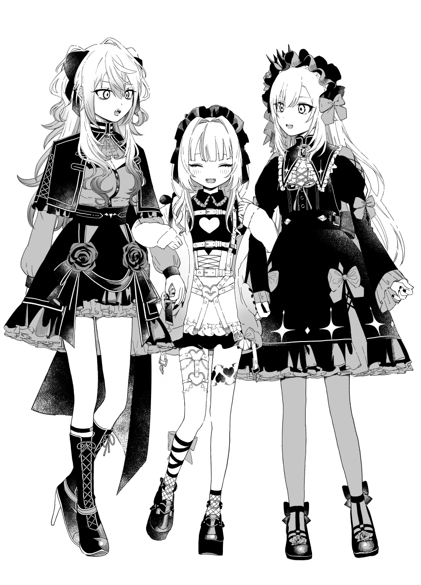1boy, 2girls, :d, absurdres, apron, blunt_bangs, boots, bow, breasts, buckle, capelet, chest_harness, cleavage, cleavage_cutout, closed_eyes, clothing_cutout, collar, collared_dress, colored_tips, crossdressing, crossdressing_(mtf), crown, dress, facing_viewer, fangs, fingernails, fishnet_socks, fishnets, flat_chest, frilled_collar, frilled_hairband, frilled_skirt, frilled_sleeves, frills, full_body, genderswap, genderswap_(mtf), gothic_lolita, greyscale, hair_between_eyes, hair_bow, hair_intakes, hairband, harness, heart, heart-shaped_buckle, heart_cutout, height_difference, high_heel_boots, high_heels, highres, jacket, juliet_sleeves, knee_boots, kuzuha_(nijisanji), lace-up_boots, leg_ribbon, leg_tattoo, locked_arms, lolita_fashion, long_hair, long_sleeves, looking_at_another, loser_kings, mado_(mado83893768), maid_headdress, makaino_ririmu, makaino_ririmu_(5th_costume), monochrome, multicolored_hair, multiple_girls, nail_polish, nijisanji, official_alternate_costume, open_mouth, pantyhose, petticoat, platform_shoes, pointy_ears, puffy_sleeves, ribbon, sanya_(1st_costume)_(nijisanji), sanya_(nijisanji), sharp_fingernails, shoes, simple_background, skirt, sleeves_past_wrists, slit_pupils, smile, socks, standing, standing_on_one_leg, streaked_hair, tattoo, thigh_strap, trap, two_side_up, uzuki_kou, uzuki_kou_(4th_costume), virtual_youtuber, waist_apron, wavy_hair, wavy_sidelocks, white_background, winged_heart, winged_heart_tattoo