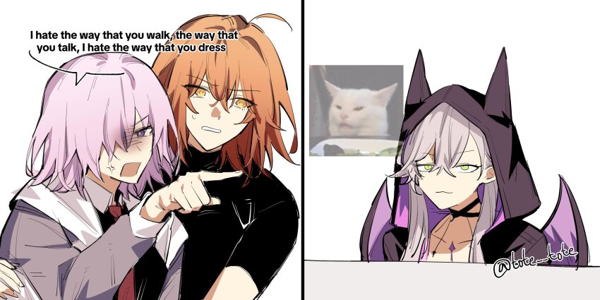 3girls, ahoge, anger_vein, animal_ears, black_shirt, cat_ears, collarbone, english_text