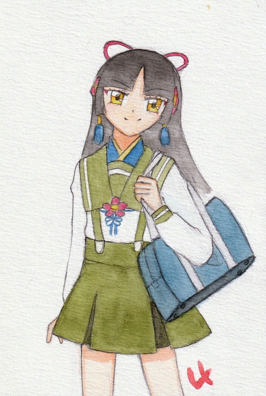 1girl, bag, black_hair, green_skirt, highres, kyoto-tan, sailor_collar, skirt
