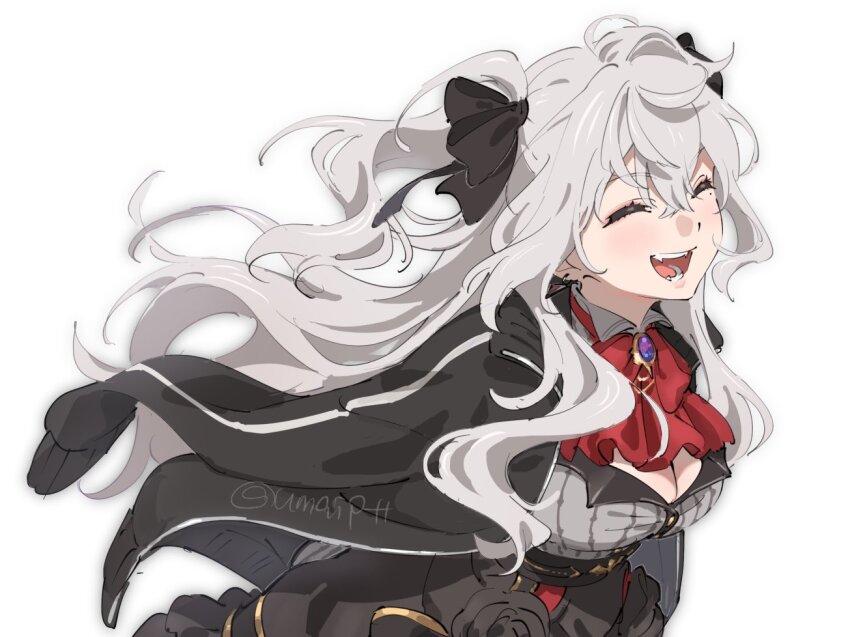 1girl, :d, ascot, black_jacket, black_skirt, bow, bowtie, breasts