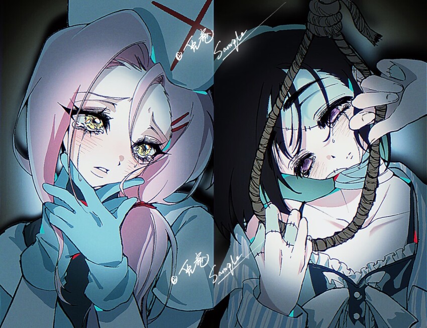 2girls, alien_stage, alternate_costume, bandaged_neck, bandages, black_hair, blue_gloves, chinese_commentary