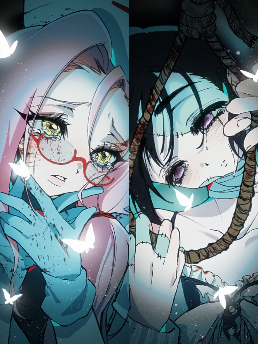 2girls, alien_stage, alternate_costume, bandaged_neck, bandages, black_hair, blood, blood_on_face