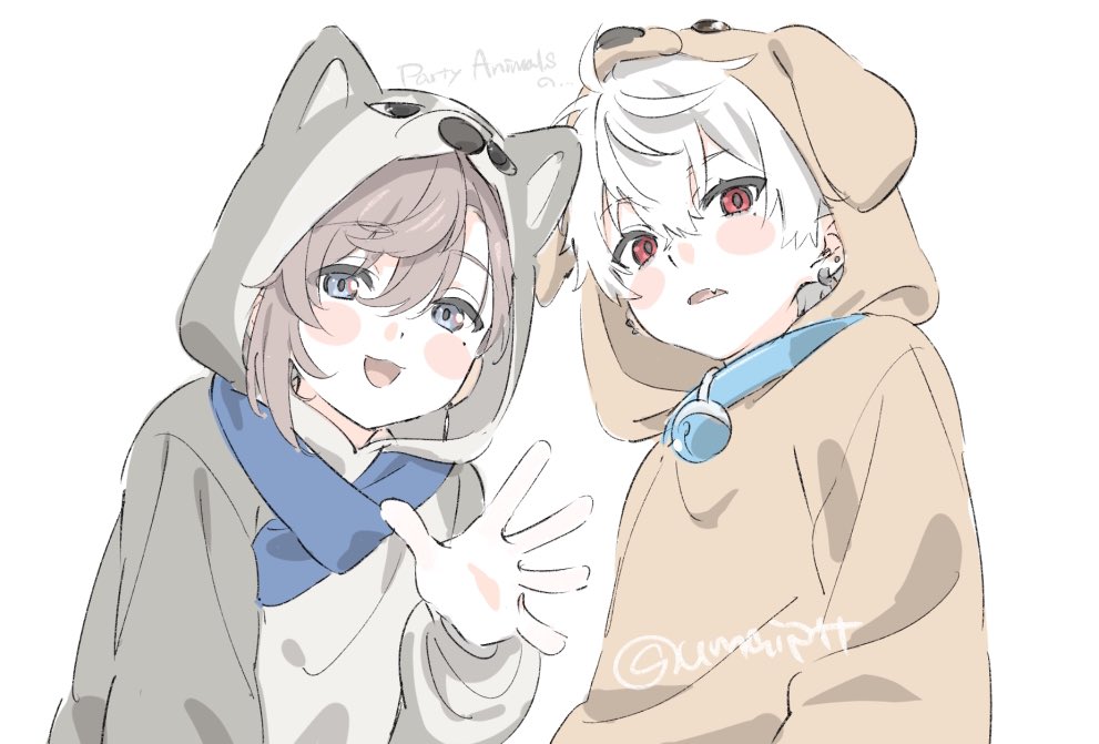 2boys, aged_down, animal_costume, animal_hood, bell, blue_eyes, blush, brown_hair