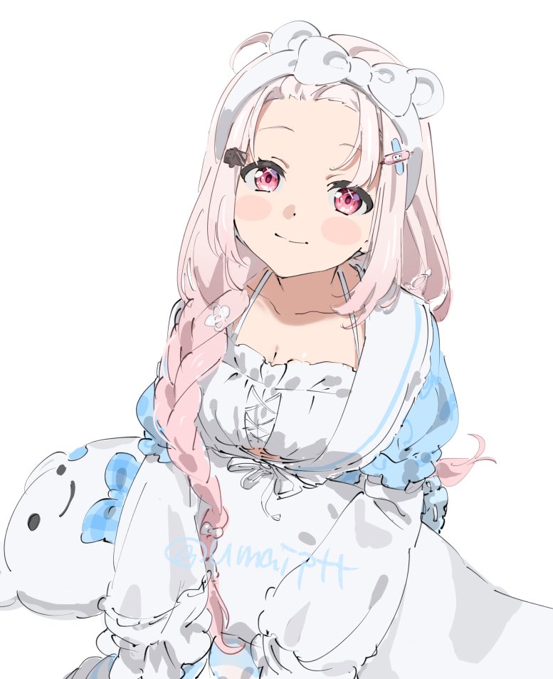 1girl, animal_ear_hairband, animal_ears, bangs_pinned_back, braid, breasts, cleavage, collarbone