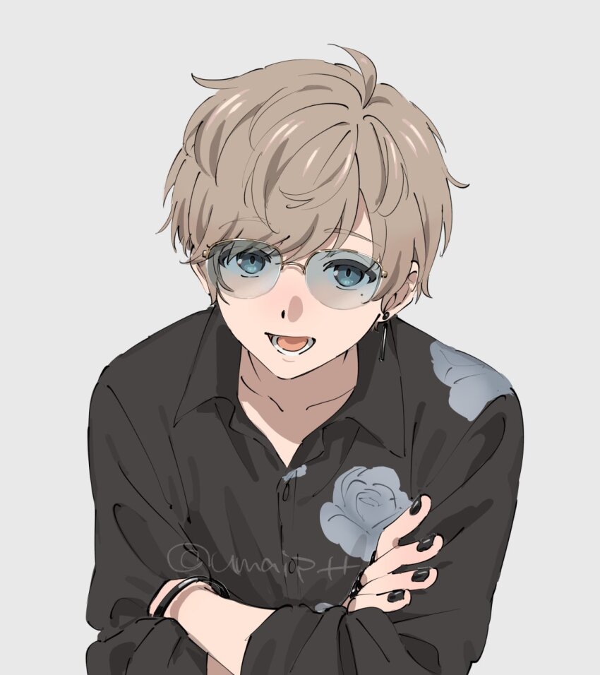 1boy, black_shirt, blue_background, blue_eyes, bracelet, brown_hair, collared_shirt, crossed_arms