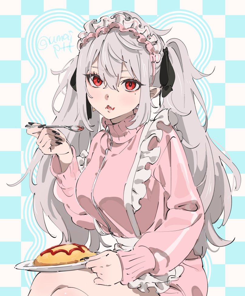 1girl, apron, black_nails, checkered_background, fang, fingernails, food, food_on_face