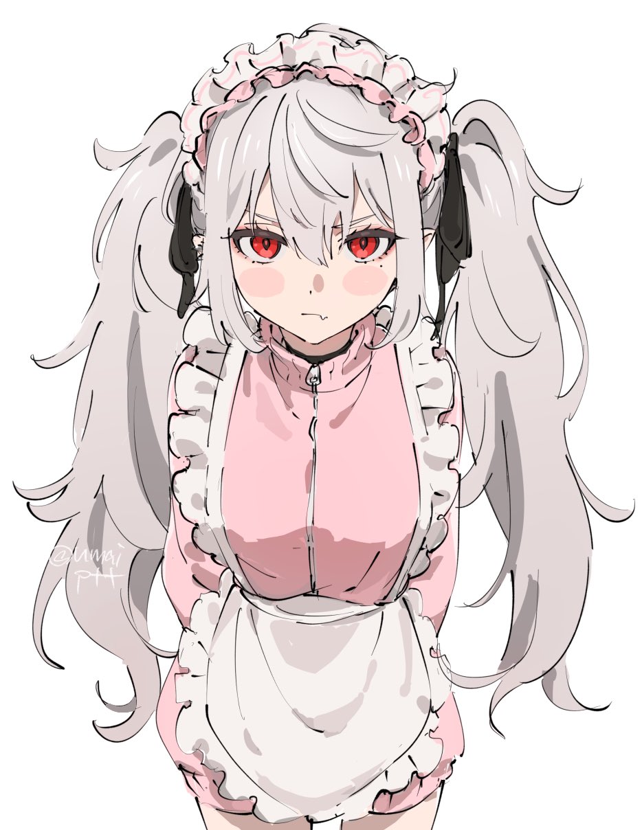 1girl, apron, blush, closed_mouth, cowboy_shot, fang, genderswap, genderswap_(mtf), grey_hair, hair_ribbon, highres, jacket, jersey_maid, kuzuha_(nijisanji), long_hair, looking_at_viewer, maid, maid_headdress, mole, mole_under_eye, nijisanji, pink_jacket, pink_shorts, red_eyes, ribbon, sanya_(nijisanji), shorts, simple_background, sketch, solo, standing, track_jacket, twintails, umapote, unconventional_maid, v-shaped_eyebrows, virtual_youtuber, waist_apron, white_background