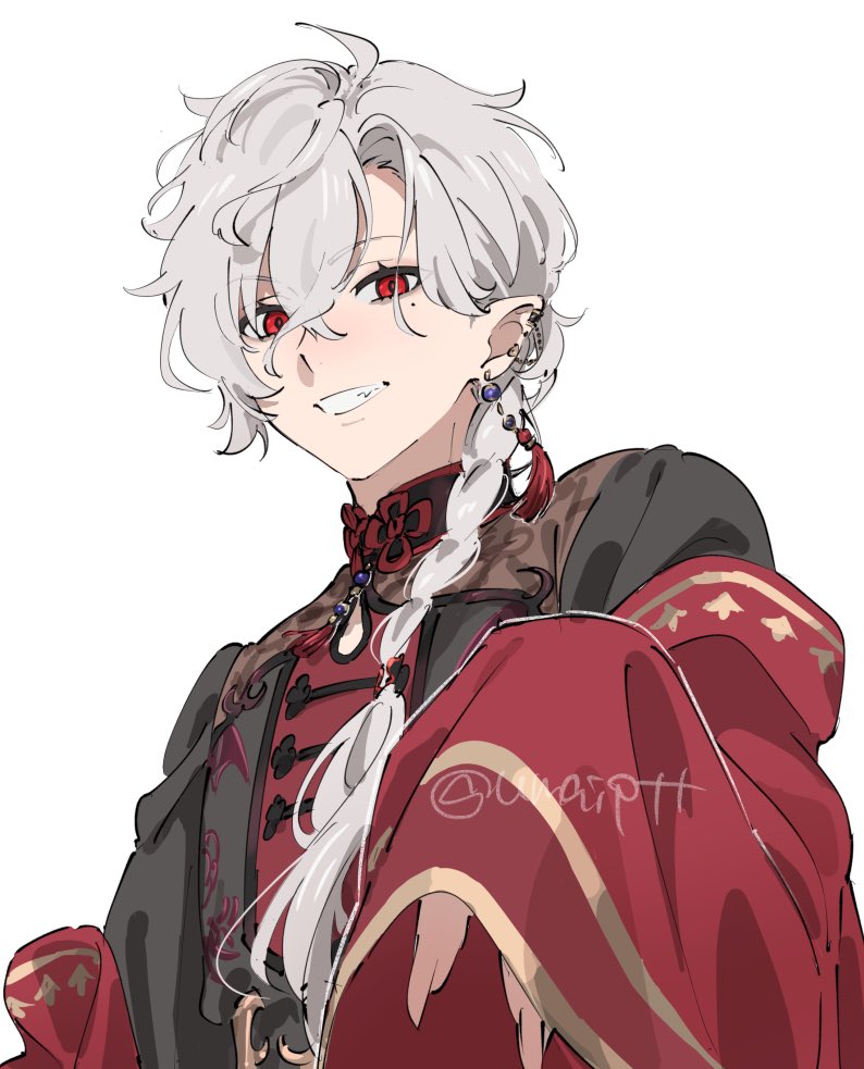 1boy, braid, chinese_clothes, ear_piercing, earrings, grey_hair, grin, hair_between_eyes
