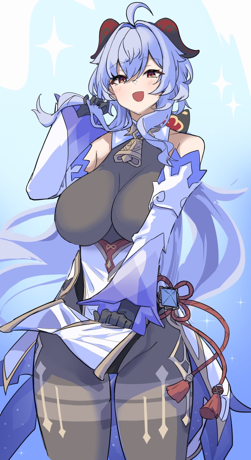 1girl, absurdres, ahoge, bare_shoulders, bell, black_gloves, black_pantyhose, blue_dress