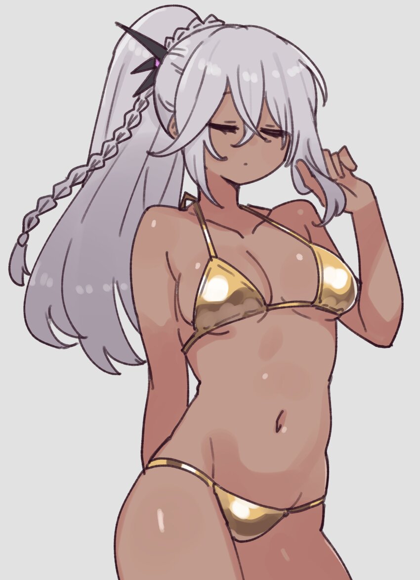 1girl, absurdres, alternate_costume, arm_behind_back, bikini, braid, breasts, closed_eyes