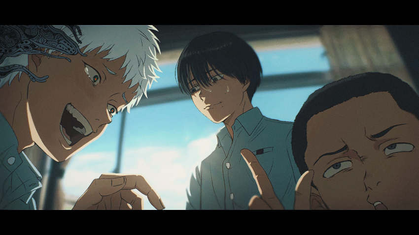 3boys, :d, arashi_(boom_sate225), black_hair, blurry, blurry_background, commentary, day, indou_hikaru, hikaru_ga_shinda_natsu, index_finger_raised, indoors, letterboxed, maki_yuuta, male_focus, mole, mole_under_mouth, multiple_boys, open_mouth, red_eyes, shirt, short_hair, smile, sweatdrop, tsujinaka_yoshiki, very_short_hair, white_hair, white_shirt