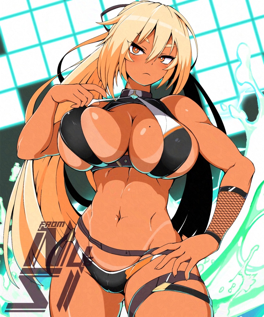 1girl, abs, artist_logo, bikini, bikini_top_pull, black_bikini, blonde_hair, blush, breasts, cleavage, closed_mouth, eyebrows_hidden_by_hair, groin, hair_between_eyes, hand_on_own_hip, highres, large_breasts, logo, long_hair, looking_at_viewer, mole, mole_on_breast, navel, nuuuuuusi06, orange_eyes, original, ponytail, skindentation, solo, splashing, stomach, sweat, swimsuit, tan, tanline, thigh_strap, toned, toned_female, underboob, very_long_hair