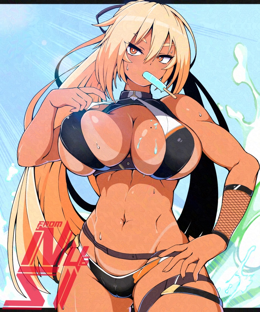 1girl, abs, artist_logo, bikini, bikini_top_pull, black_bikini, blonde_hair, blush