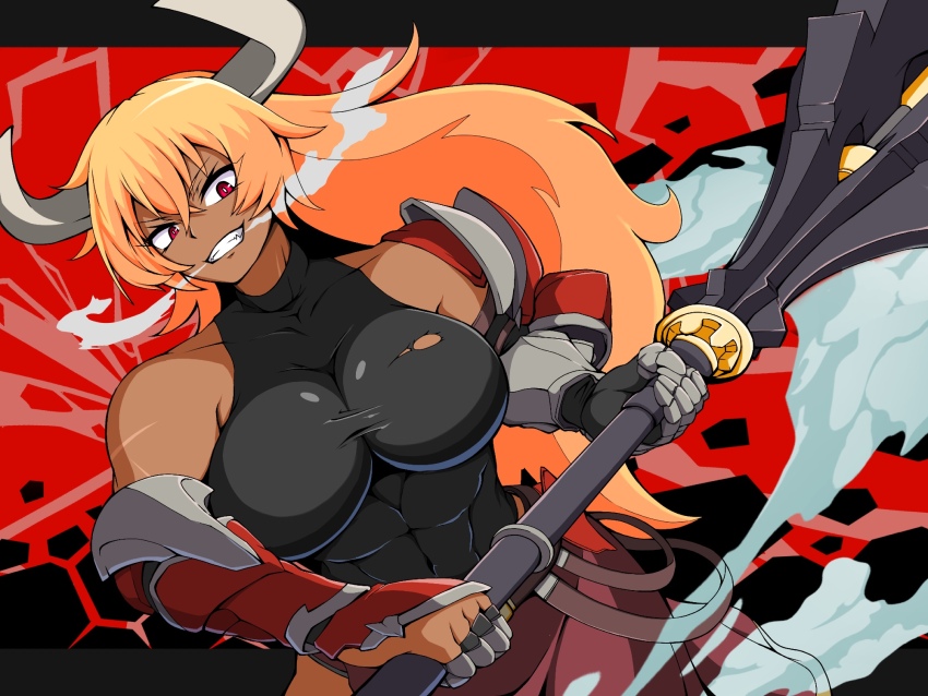 >:), 1girl, abs, armor, black_leotard, breasts, cow_girl, gauntlets