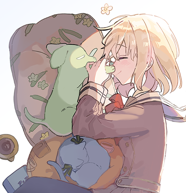 1girl, animalization, bang_dream!, bang_dream!_it's_mygo!!!!!, blonde_hair, book, brown_dress, cat, closed_eyes, closed_mouth, coffee_cup_print, commentary, dog, dress, facing_animal, flower, from_side, green_ribbon, hanasakigawa_school_uniform, hands_up, long_sleeves, medium_hair, misumi_uika, neck_ribbon, pillow, print_pillow, profile, red_ribbon, ribbon, sailor_dress, school_uniform, shiny_sung, short_hair, simple_background, smile, togawa_sakiko, vegetable_print, wakaba_mutsumi, white_background, winter_uniform