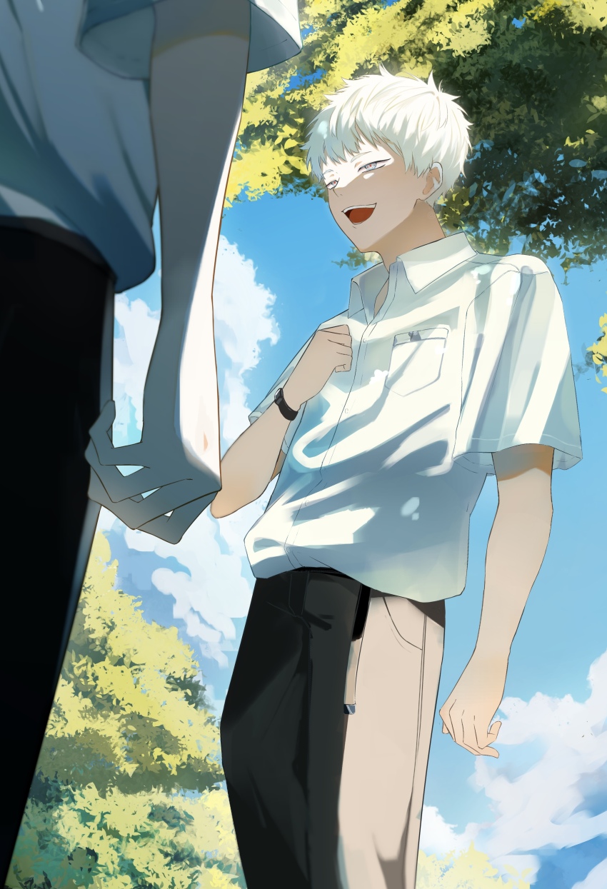 2boys, :d, absurdres, arm_at_side, black_pants, day, grey_eyes, highres