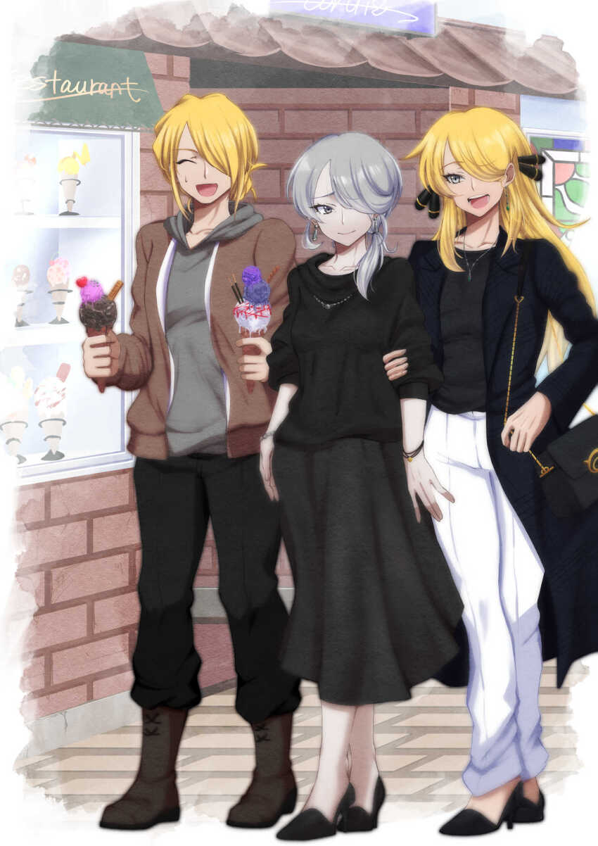 1boy, 2girls, :d, bag, black_jacket, black_pants, black_shoes, blonde_hair