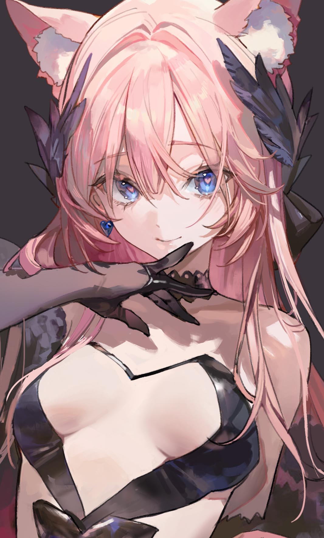 1girl, ame_jang, animal_ear_fluff, animal_ears, black_background, black_choker, black_dress, black_gloves