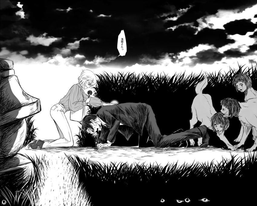 1boy, 1girl, asama_hirotaka, bag, black_hair, blonde_hair, business_casual, business_suit