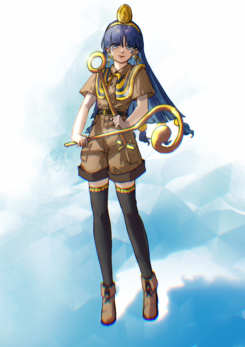 1girl, absurdres, belt, belt_buckle, black_belt, black_thighhighs, blue_eyes, blue_hair