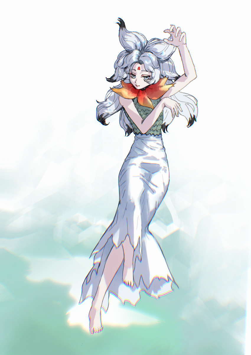 1girl, absurdres, arm_up, barefoot, black_hair, chinese_commentary, chromatic_aberration, colored_tips