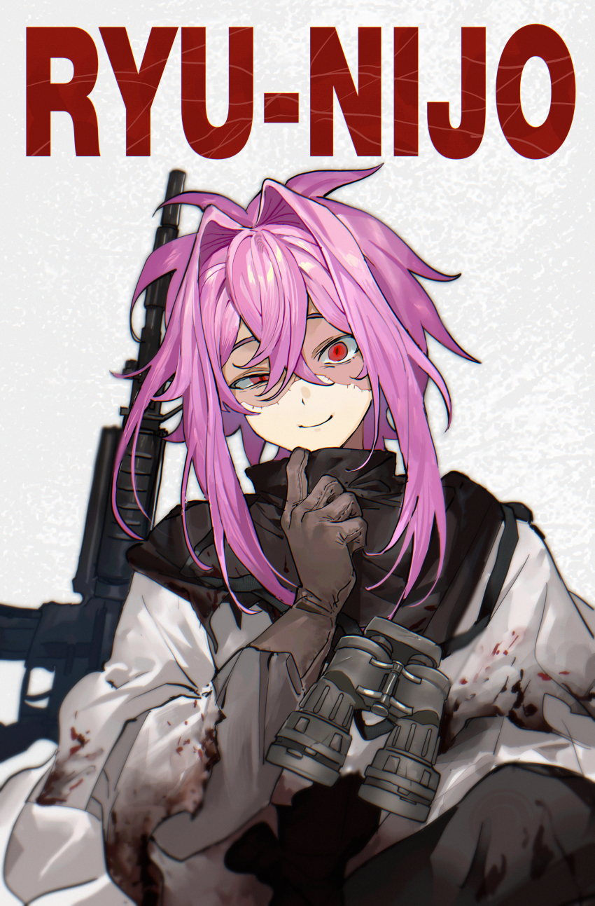 1boy, absurdres, binoculars, black_capelet, black_pants, blood, blood_on_clothes, brown_gloves