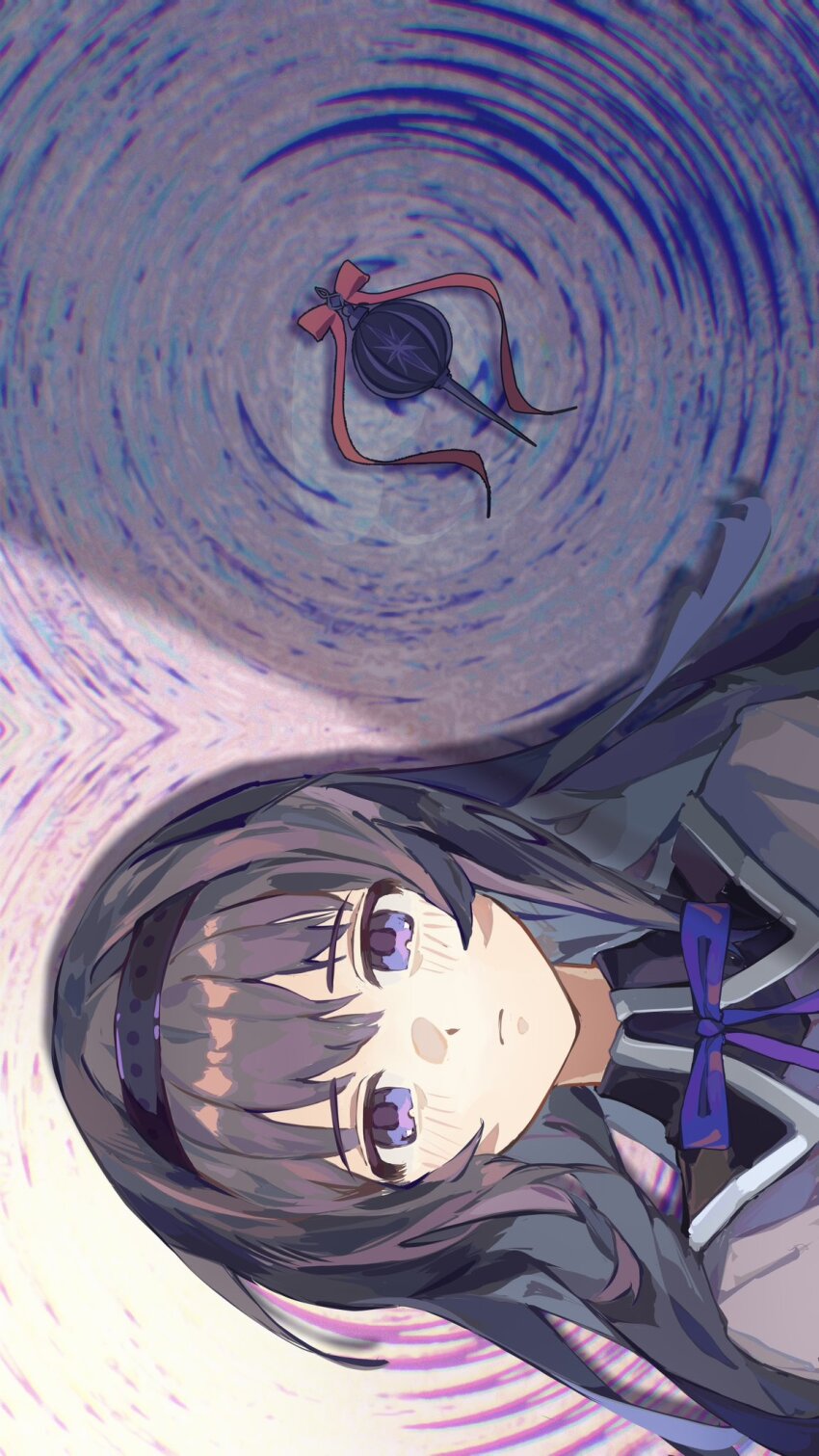 1girl, akemi_homura, akemi_homura_(magical_girl), black_hair, black_hairband, bow, closed_mouth, frown