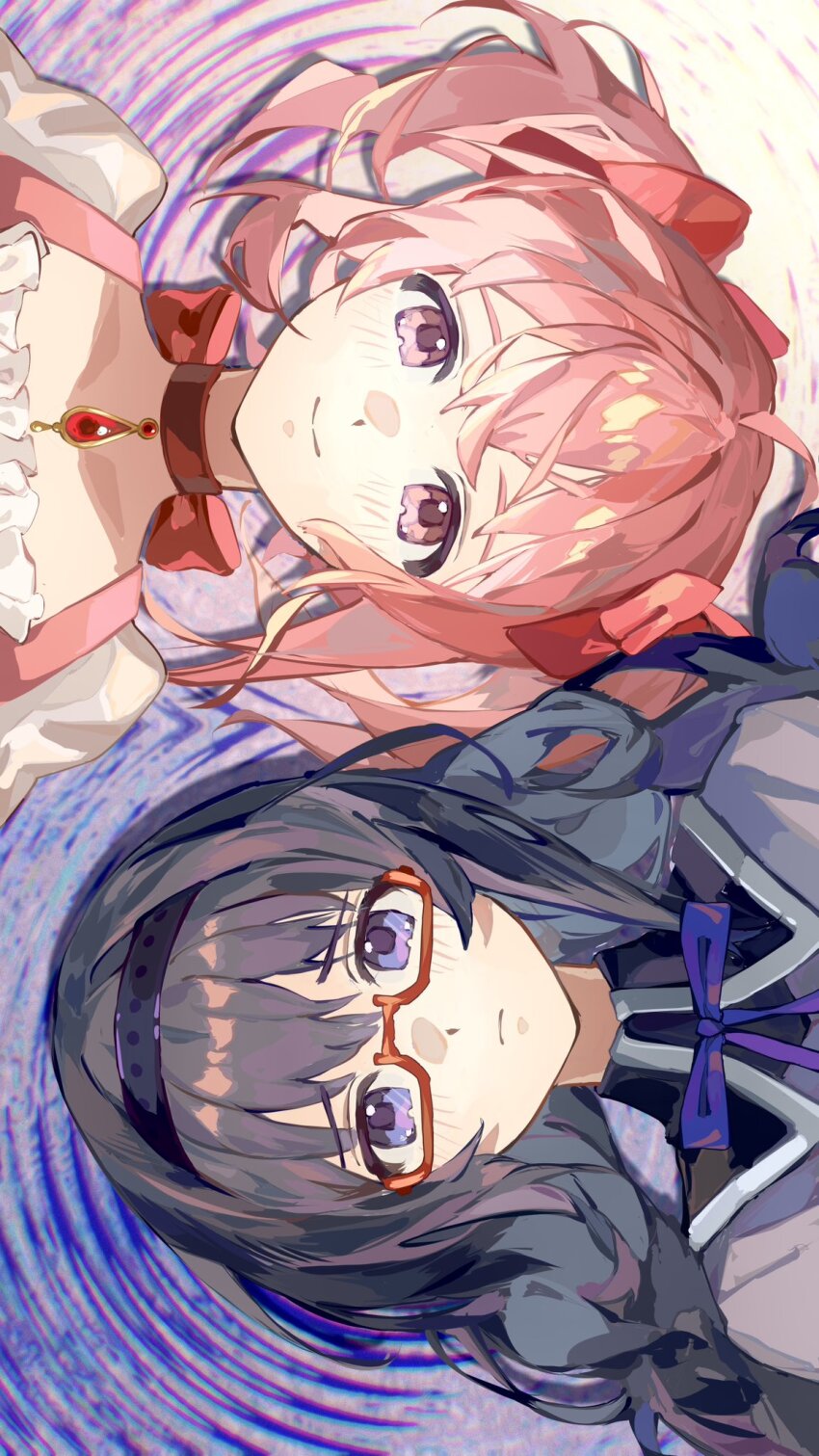 2girls, akemi_homura, akemi_homura_(magical_girl), black_hair, black_hairband, blue_eyes, bow, bow_choker