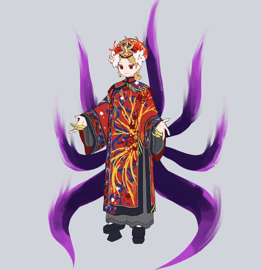 1girl, adapted_costume, black_shoes, blonde_hair, chinese_clothes, closed_mouth, colored_eyelashes, commentary