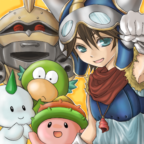 1boy, 2000s_(style), apuru_(aple), bandana, blue_eyes, blue_hat, brown_hair, commentary_request