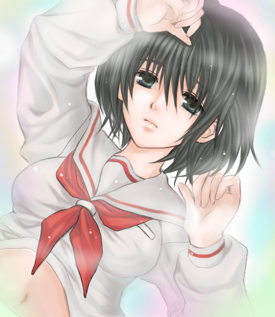 1girl, 2000s_(style), apuru_(aple), arm_up, black_eyes, black_hair, blue_background, breasts