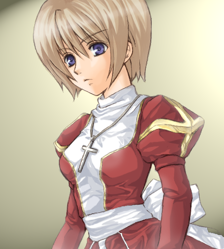 1girl, 2000s_(style), apuru_(aple), back_bow, blue_eyes, bow, breasts, brown_hair, closed_mouth, commentary_request, cross, cross_necklace, dress, expressionless, high_priest_(ragnarok_online), jewelry, juliet_sleeves, long_sleeves, looking_at_viewer, lowres, medium_breasts, necklace, puffy_sleeves, ragnarok_online, red_dress, sash, short_hair, solo, two-tone_dress, upper_body, white_bow, white_dress, white_sash, yellow_background