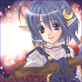 1girl, 2000s_(style), ahoge, apuru_(aple), blue_eyes, blue_hair, blue_overalls, commentary_request, crescent, crescent_hair_ornament, hair_ornament, looking_at_viewer, lowres, open_mouth, overalls, pointy_ears, rena_lanford, shirt, short_hair, smile, solo, star_ocean, star_ocean:_the_second_story, upper_body, white_shirt