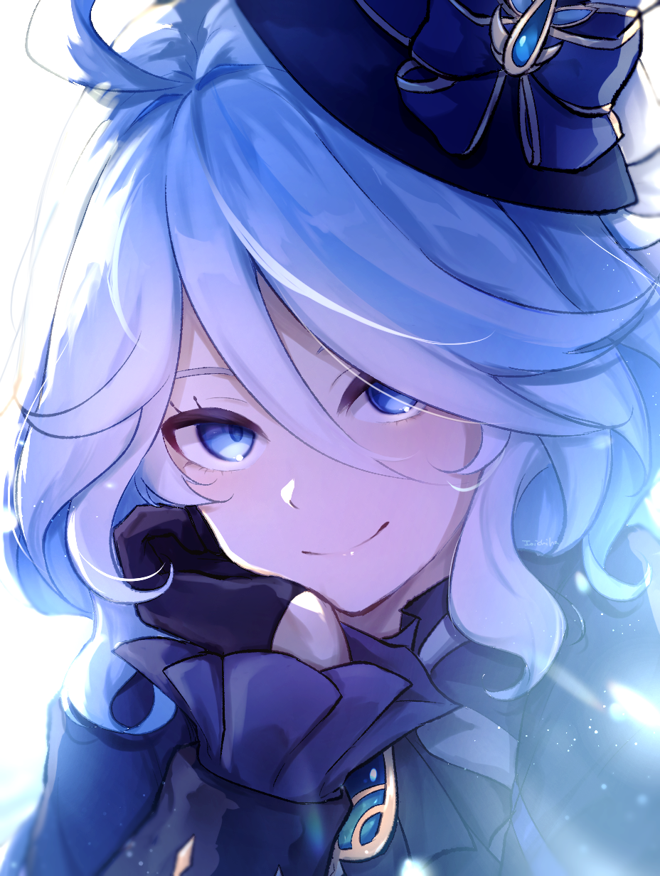 1girl, ahoge, black_gloves, blue_bow, blue_eyes, blue_hair, blue_hat, blue_jacket