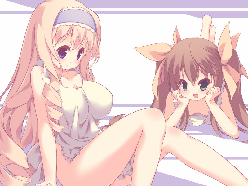 10s, 2girls, apron, blonde_hair, breasts, brown_hair, cecilia_alcott, cleavage, huang_lingyin, infinite_stratos, large_breasts, multiple_girls, naked_apron, twintails, yu-twilight