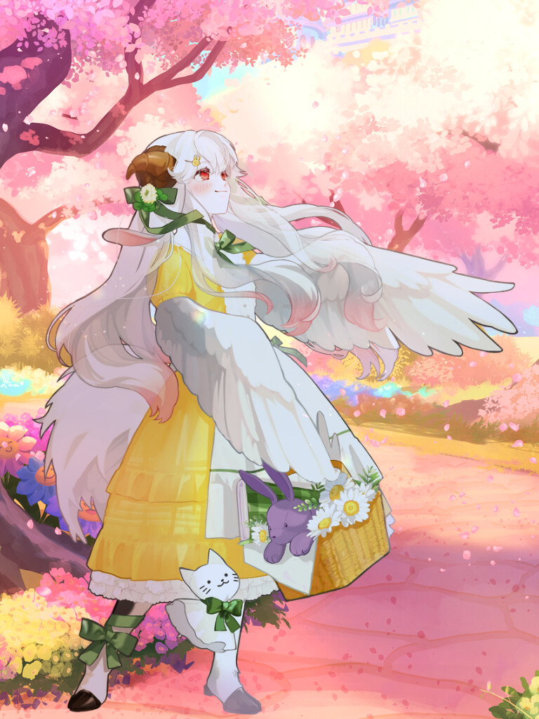 1girl, basket, blush, brown_horns, curled_horns, dairoku_ryouhei, day, dress