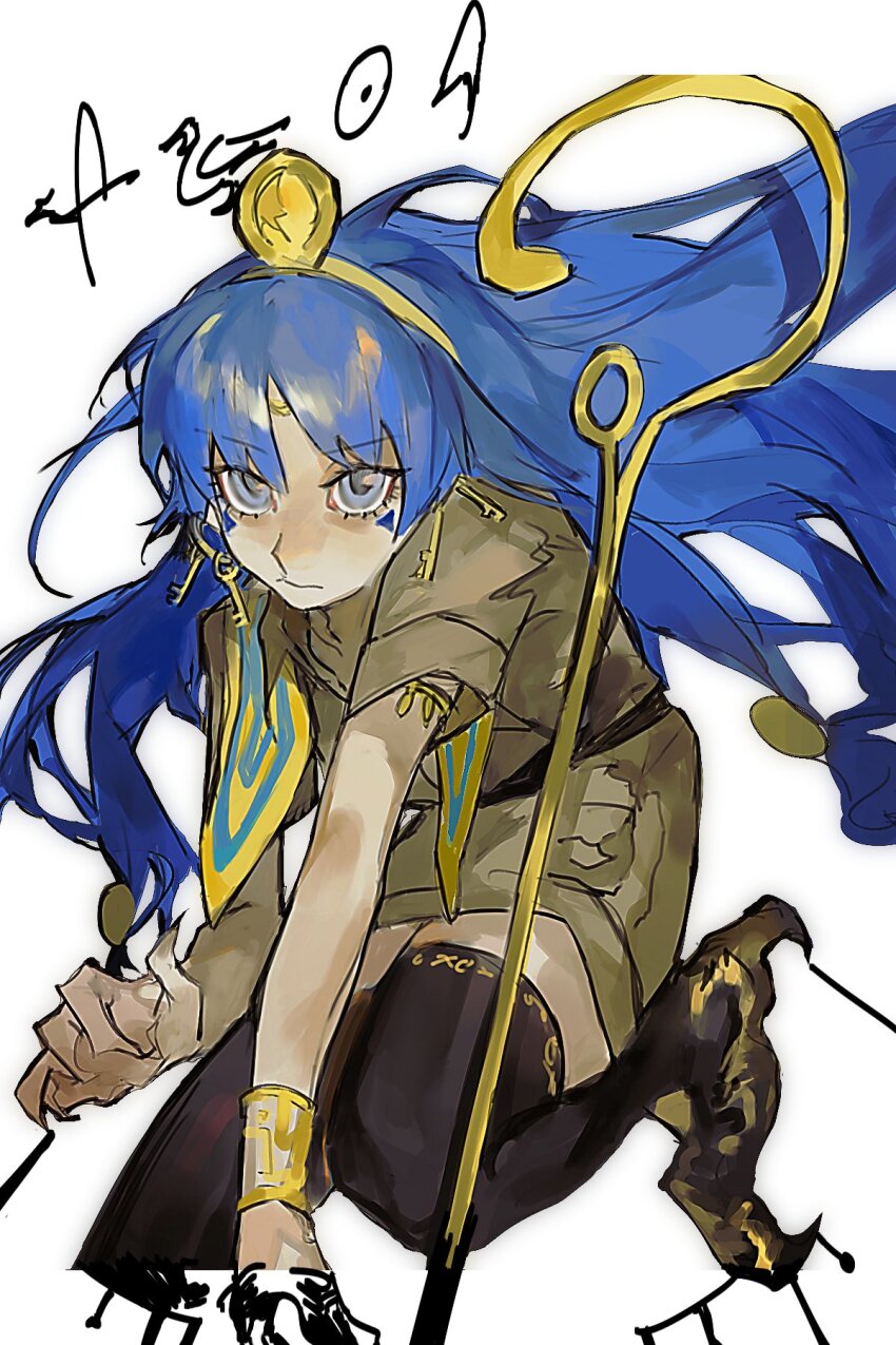 1girl, armlet, belt, black_belt, black_thighhighs, blue_eyes, blue_hair, bracelet