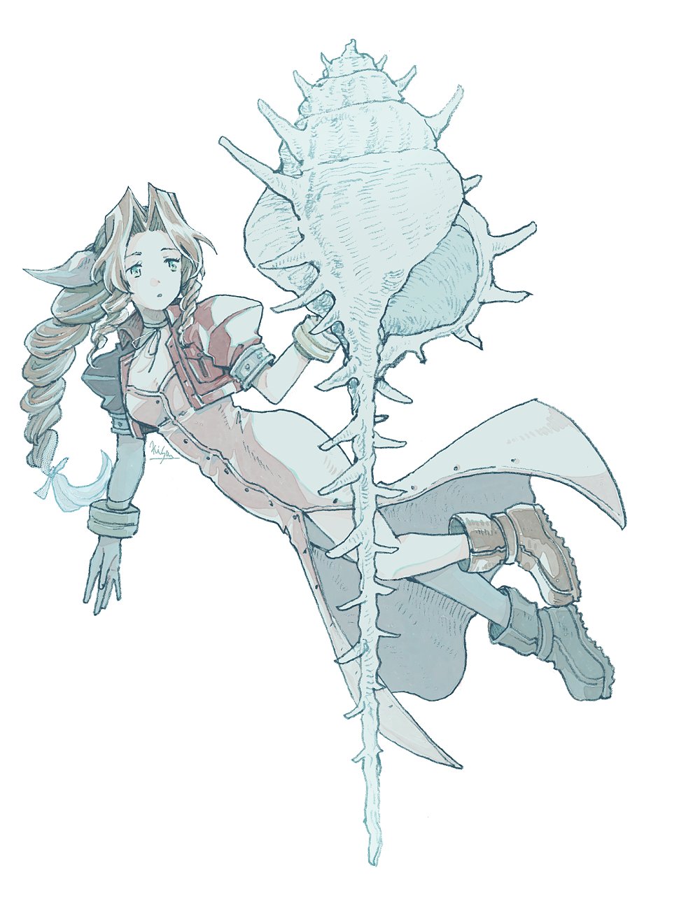 1girl, aerith_gainsborough, bangle, boots, bracelet, braid, braided_ponytail, breasts