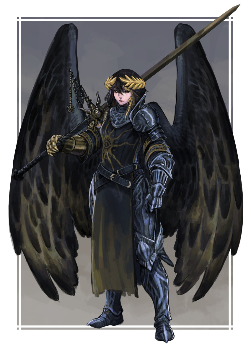 1girl, 202vincent, absurdres, belt, black_hair, commission, feathered_wings, full_body