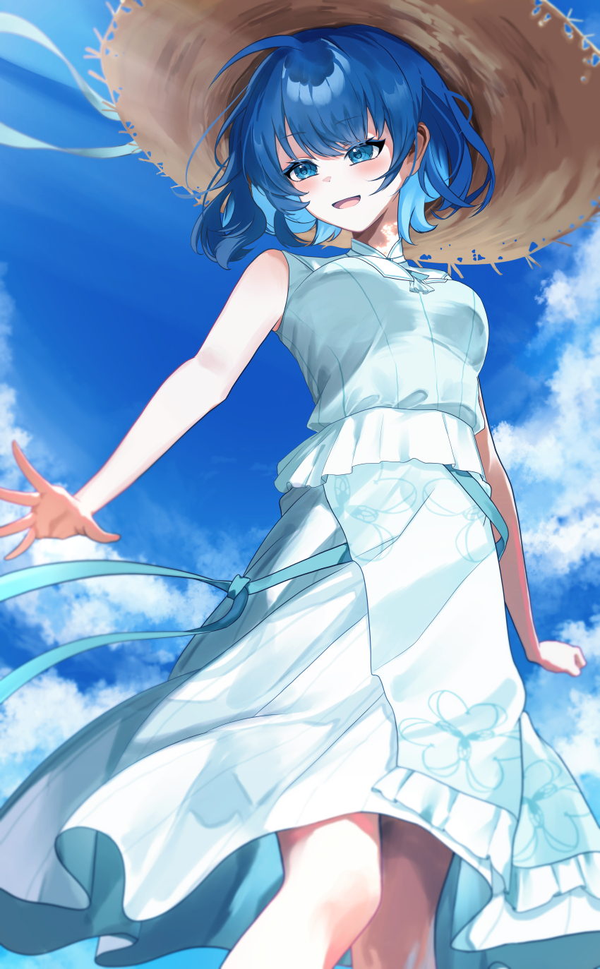 1girl, :d, absurdres, ahoge, bare_arms, blue_eyes, blue_hair, blue_sky