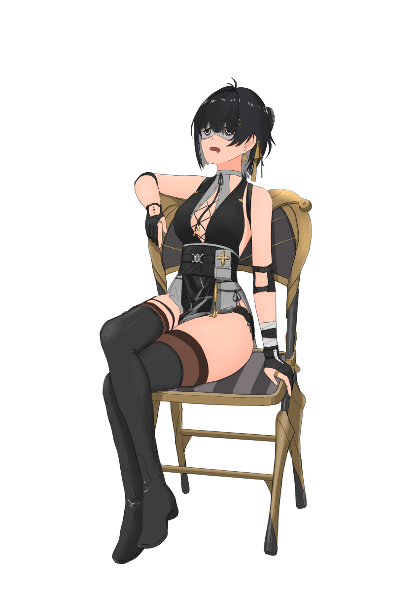 1girl, absurdres, bare_shoulders, bell_(only-id_228), black_boots, black_dress, black_gloves, black_hair, black_thighhighs, boots, chair, commentary_request, cross-laced_clothes, cross-laced_dress, crossed_legs, dress, earrings, elbow_pads, female_rover_(wuthering_waves), gloves, hair_ribbon, highres, jewelry, on_chair, open_mouth, partially_fingerless_gloves, ribbon, rover_(wuthering_waves), simple_background, sitting, sleep_mask, solo, thigh_boots, thighhighs, thighhighs_under_boots, thighs, triangle_earrings, white_background, wuthering_waves, yellow_ribbon