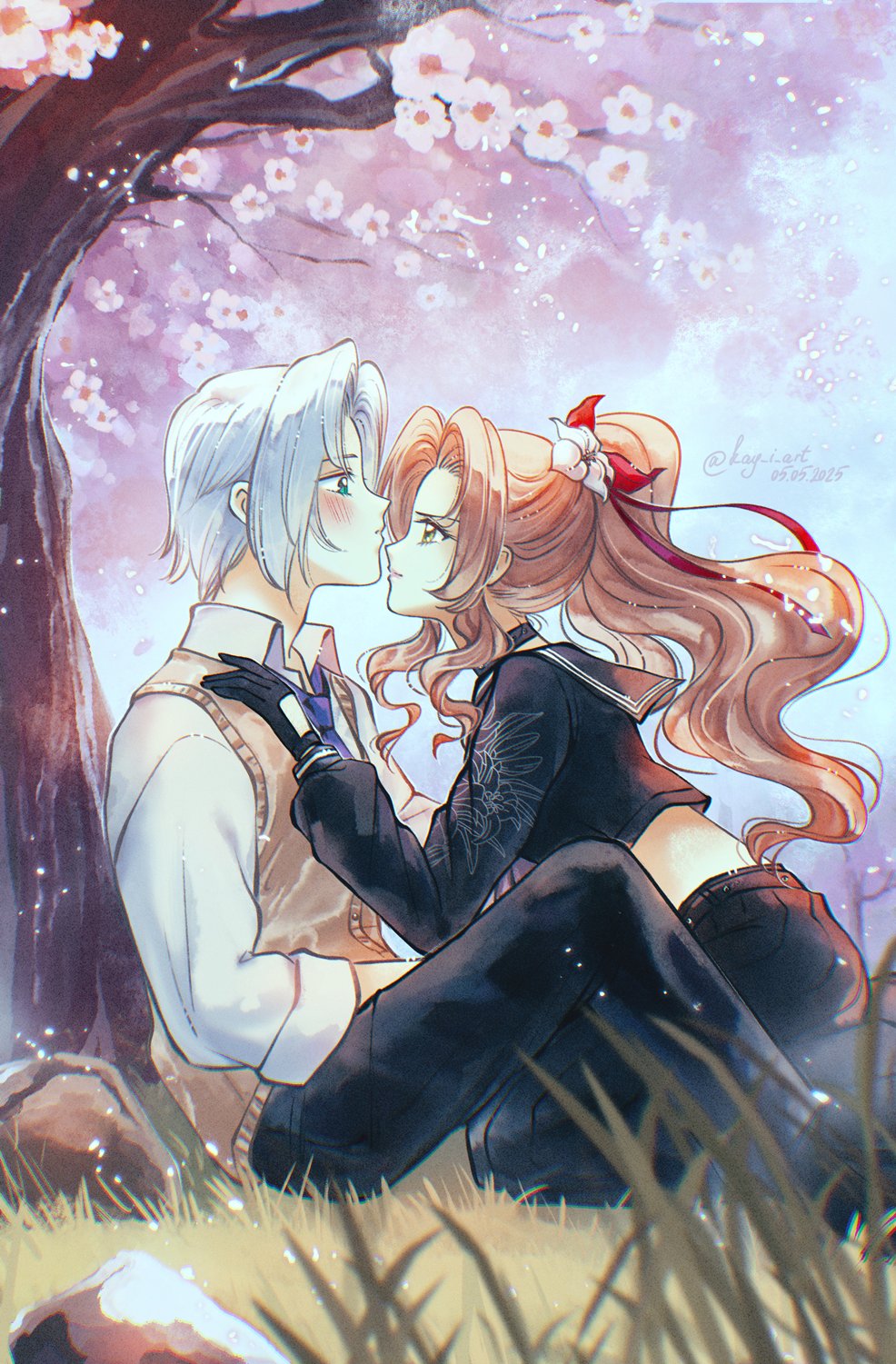 aerith_gainsborough, aerith_gainsborough_(midgard_seventh_high_school), aqua_eyes, assertive_female, black_choker, black_pants, black_sailor_collar, black_shirt, black_skirt, blue_necktie, blurry, blurry_foreground, blush, brown_hair, brown_vest, cherry_blossoms, choker, collared_shirt, colored_tips, crop_top, delinquent, final_fantasy, final_fantasy_vii, final_fantasy_vii:_ever_crisis, floral_print, floral_print_sleeves, flower, grass, green_eyes, grey_hair, hair_flower, hair_ornament, hair_ribbon, highres, kay-i, kneeling, long_hair, long_skirt, midriff, multicolored_hair, necktie, official_alternate_costume, pants, parted_bangs, pink_flower, pleated_skirt, ponytail, print_sleeves, red_hair, red_ribbon, retro_artstyle, ribbon, sailor_collar, school_uniform, sephiroth, sephiroth_(ever_crisis), sephiroth_(shinra_private_academy), shirt, short_hair, sidelocks, sitting, skirt, sukeban, sweater_vest, tree, under_tree, vest, wavy_hair, white_flower, white_shirt