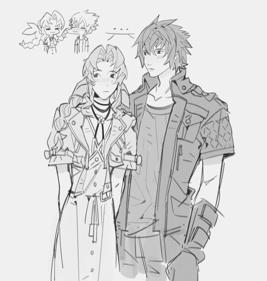 1boy, 1girl, :3, =w=, aerith_gainsborough, braid, braided_ponytail, cheek_pinching
