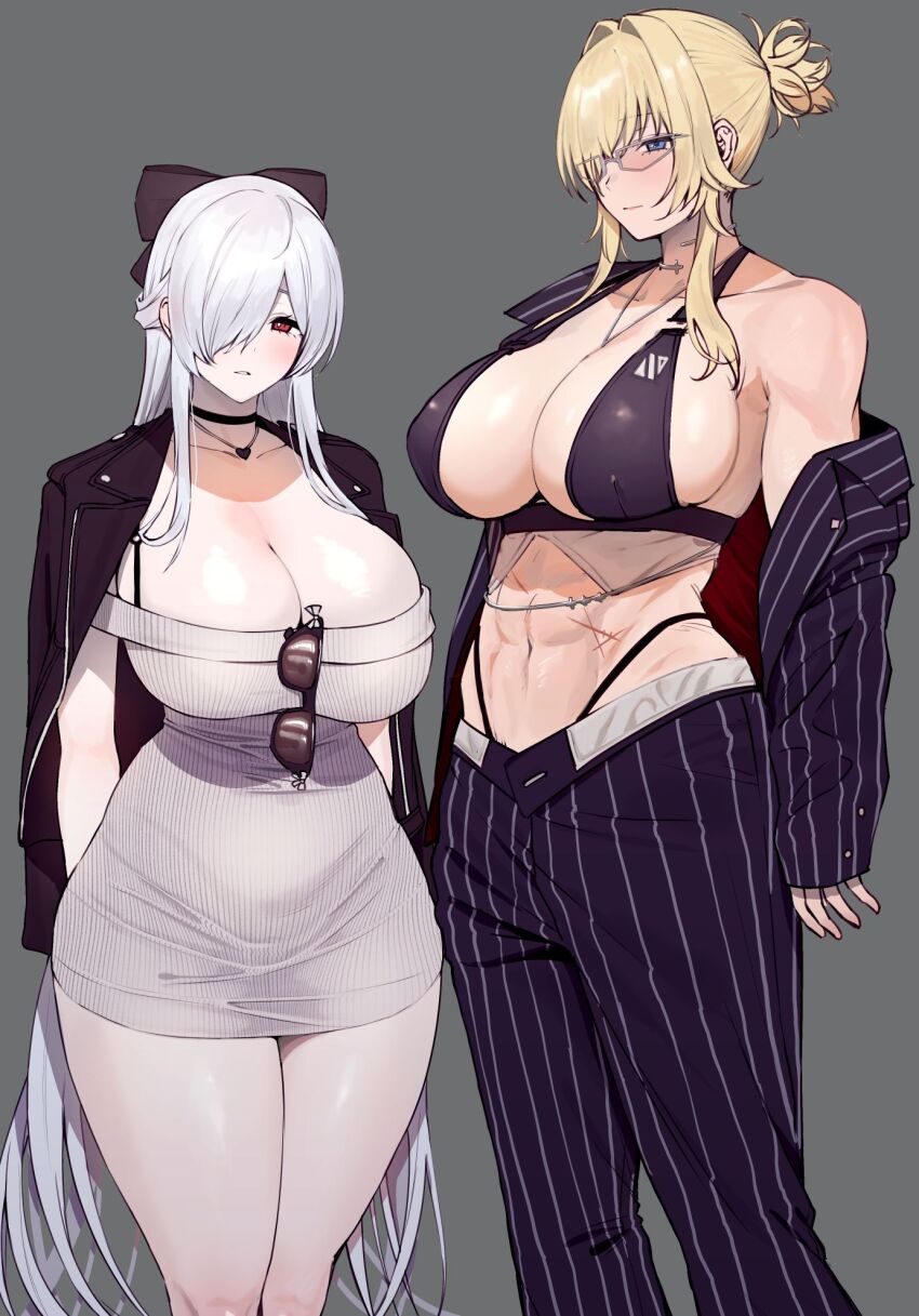 2girls, abs, amano_don, arms_behind_back, bikini, bikini_under_clothes, black_bikini, black_bow, black_choker, black_jacket, black_pants, blonde_hair, blue_eyes, blush, bow, breasts, choker, cinderella_(beautiful_me)_(nikke), cinderella_(nikke), cleavage, closed_mouth, commentary, curvy, dongtan_dress, dress, eyewear_hang, feet_out_of_frame, formal_clothes, glasses, goddess_of_victory:_nikke, grave_(beautiful_you)_(nikke), grave_(nikke), grey_background, grey_dress, hair_bow, hair_intakes, hair_over_one_eye, half_updo, heart, heart_necklace, highleg, highleg_bikini, highres, jacket, jacket_on_shoulders, jewelry, large_breasts, long_hair, looking_at_viewer, medium_hair, multiple_girls, navel, necklace, necklace_between_breasts, off-shoulder_dress, off_shoulder, official_alternate_costume, open_clothes, open_fly, open_jacket, pants, parted_lips, pencil_dress, pinstripe_jacket, pinstripe_pants, pinstripe_pattern, pinstripe_shirt, pinstripe_suit, ponytail, red_eyes, ribbed_dress, scar, scar_on_stomach, shirt, short_dress, short_ponytail, sidelocks, simple_background, single_bare_shoulder, single_off_shoulder, standing, striped_clothes, striped_jacket, striped_pants, suit, sunglasses, swimsuit, tinted_eyewear, underbust, unworn_eyewear, vertical-striped_clothes, vertical-striped_jacket, vertical-striped_pants, very_long_hair, white_hair, yellow-tinted_eyewear